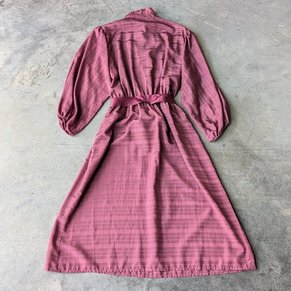 Vintage Union Made Purple Ruffle Long Sleeve Fit and Flare Tie Waist Shirt Dress - Picture 11 of 11